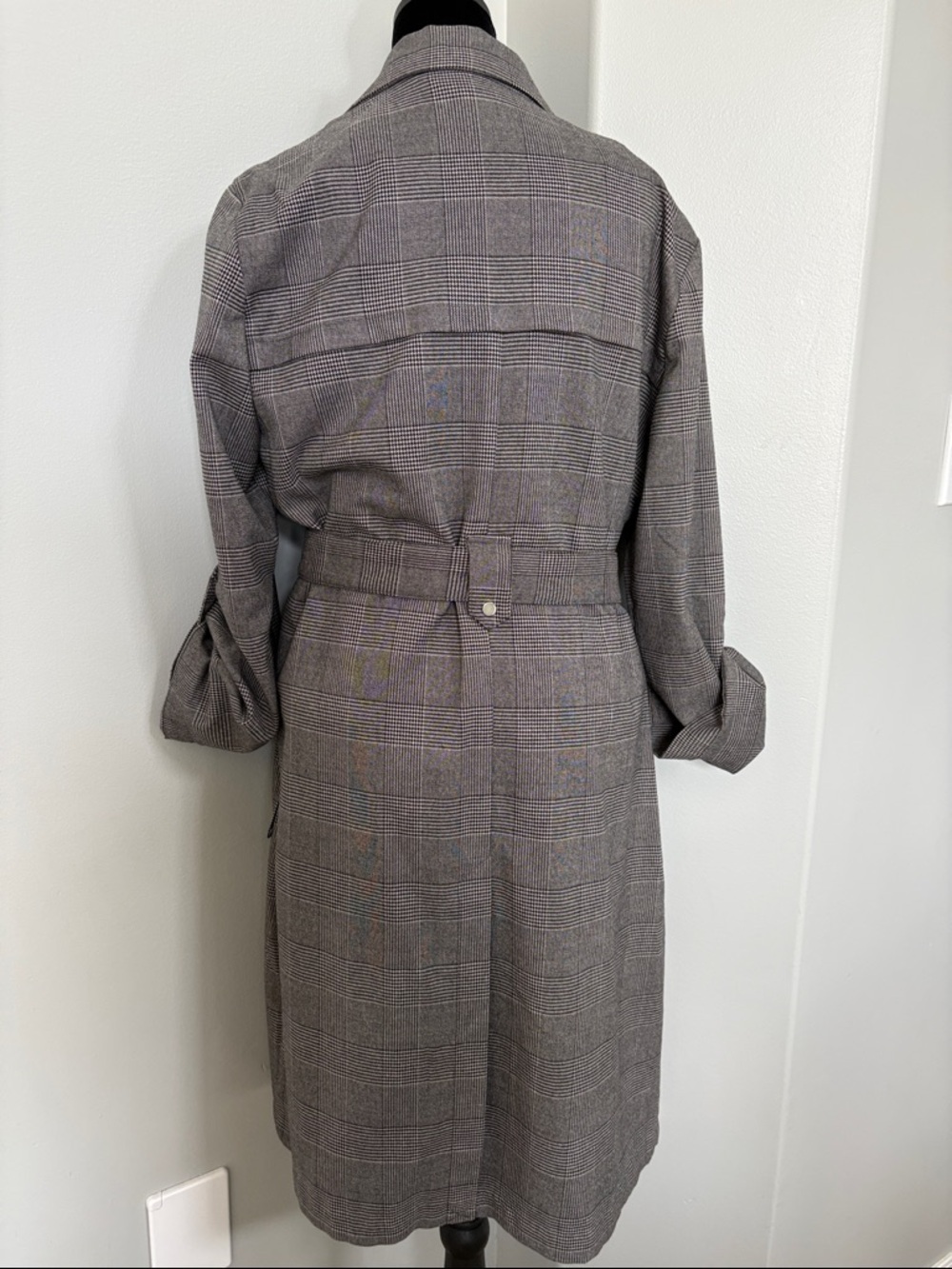 Black Tape_ Gray Plaid Trench Coat with Belt - Picture 3 of 7
